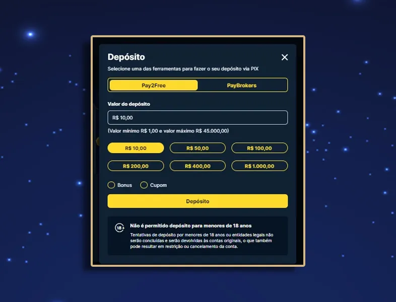 Escolha do método de depósito